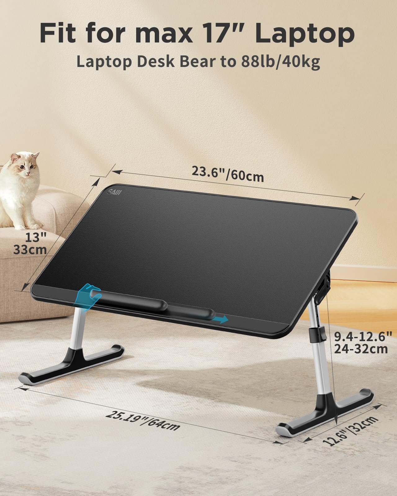 SAIJI PU Leather Laptop Bed Tray Table, Adjustable Laptop Stand with Removable Stopper, Portable Lap Desks with Foldable Legs, Notebook Stand Breakfast Reading Desk for Sofa Couch(Large, Black)