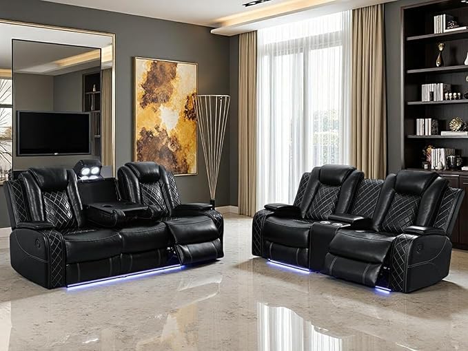 Toseslo Living Room Furniture Sets with LED Light, Power Recliner Sofa Set,Leather Sectional Sofa and Loveseat Set, Modern Power Reclining Sets with Storage Console for House(Black)