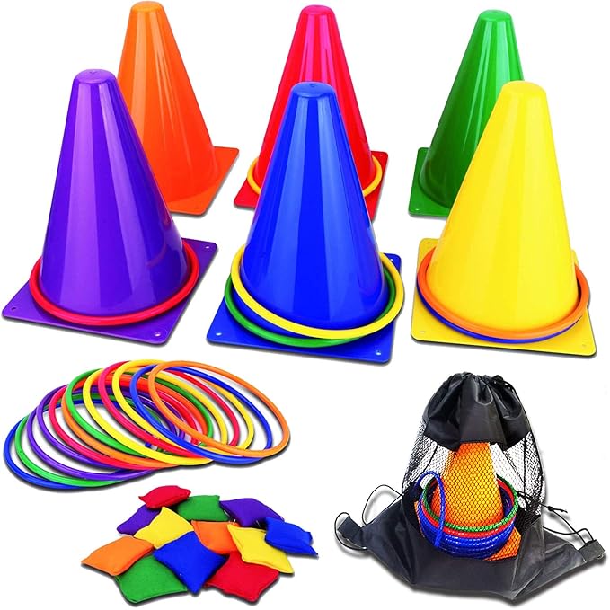 unanscre 31PCS 3 in 1 Carnival Outdoor Games Combo Set for Kids, Soft Plastic Cones Bean Bags Ring Toss Game, Gift for Bir...