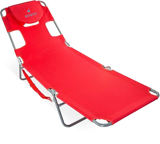 Ostrich Beach Lounge Chair, Folding & Reclining Outdoor Chaise Lounger, Red - Portable Adjustable Recliner Chair for Lawn,...