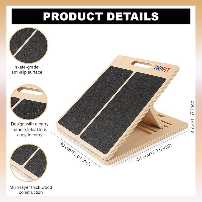 UKRFIT Adjustable Wooden Slant Board – Foldable, Non-Slip Calf Stretch & Balance Trainer with 5 Resistance Bands, Height-Adjustable Incline Board for Home Gym, Supports up to 110 kg