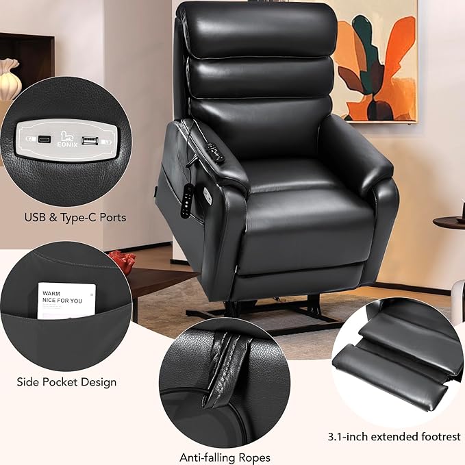 EONIX Wide Lay Flat Power Lift Recliner Chair for Elderly, Heavy Duty Oversized Breathable Faux Leather Lift Chairs Recliner Sofa with Heat and Massage and Charging Ports, Black