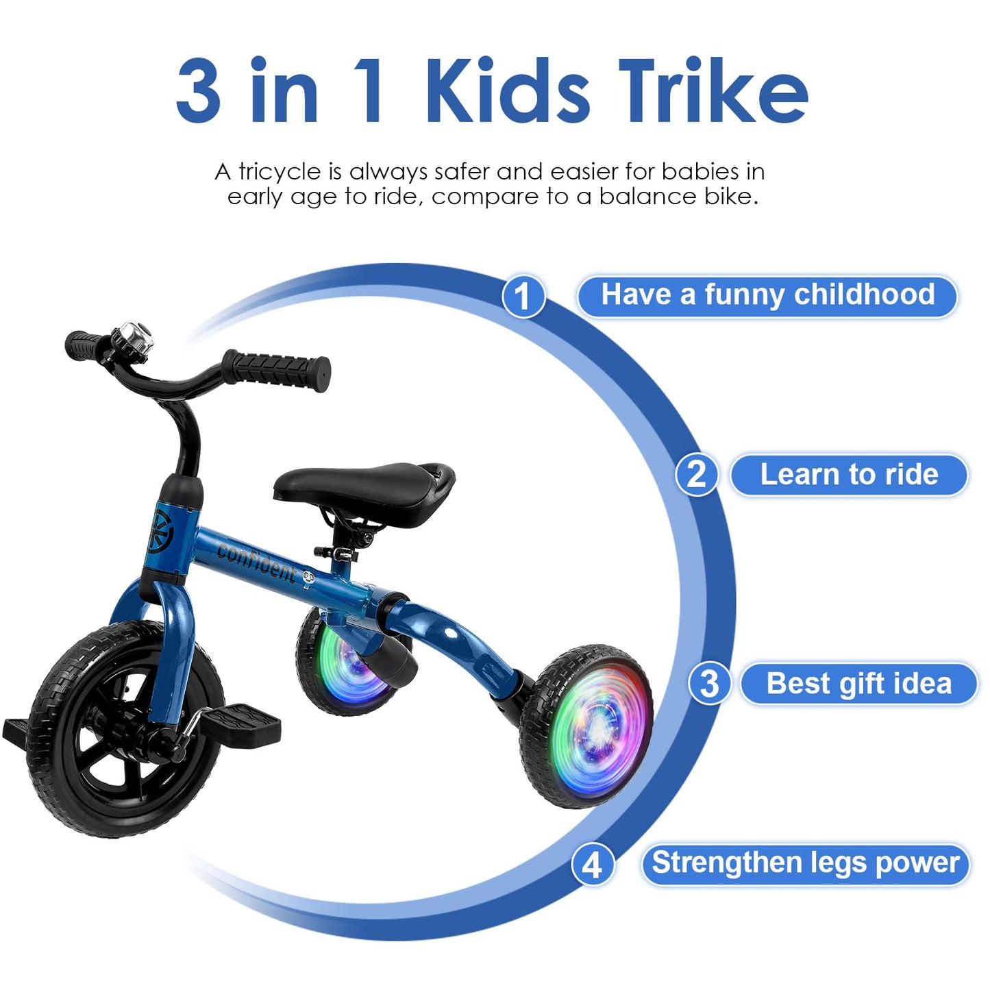 YGJT 3 in 1 Lighting Tricycle for Toddlers Age 2-5 Years Old, Folding Kids Balance Bike with Adjustable Seat and Removable Pedal, Toddler Bike Ride-on Toys for Infant, Gifts for Baby Boys Girls(Blue)