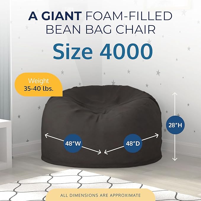 ULTIMATE SACK 4000 4-Foot Bean Bag Chair with Footstool, Grey Suede Cover – Oversized Foam Lounger, Floor Seat, Small Sofa, or Couch Bed for Living Area, Gaming Room, or Reading Lounge