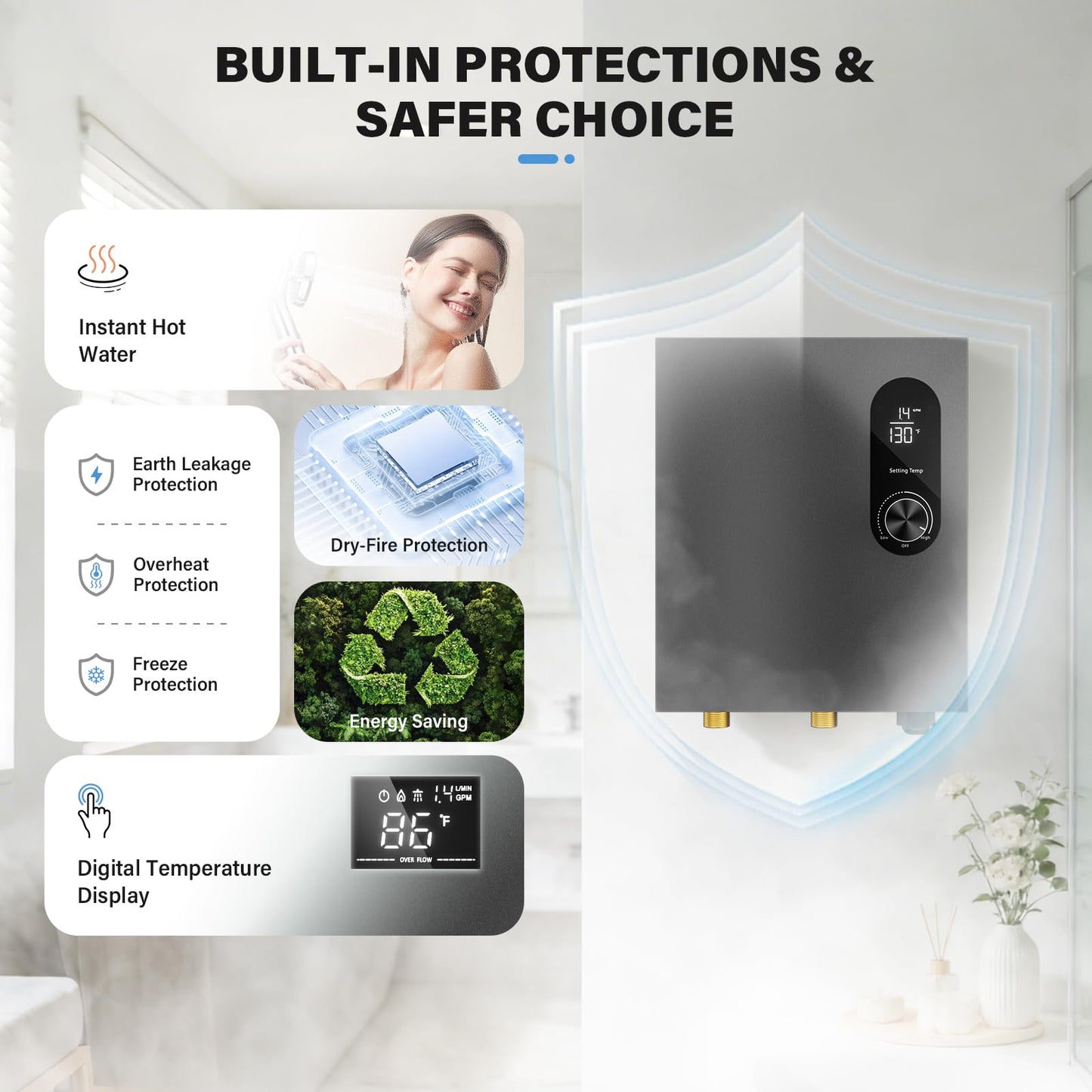 Tankless Water Heater Electric 14KW Instant Hot Water Heater Under Sink, Point of Use Water Heaters with Digital Display for Kitchen Bathroom