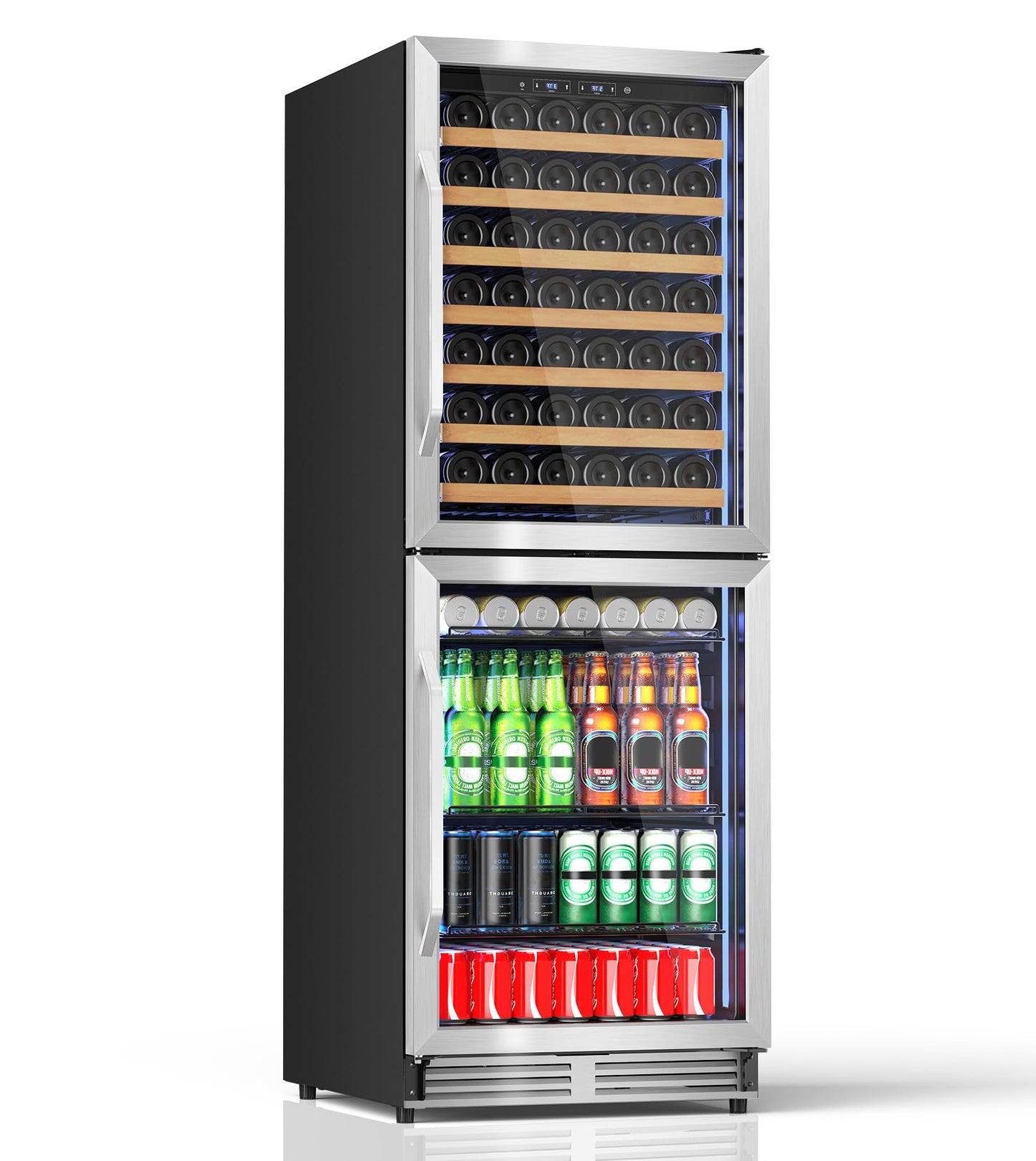 2 IN 1 Wine and Beverage Refrigerator 24", Dual Zone Wine Cooler with Safety Lock, Built-in/Freestanding Beverage Cooler for 77 Bottles 150 Cans, Quiet & Constant Fast Cooling for Home Kitchen Bar