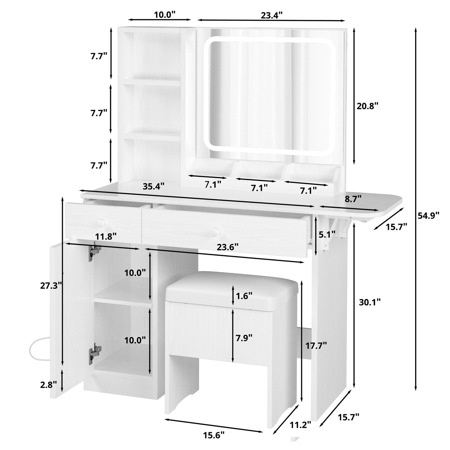 IRONCK Vanity Desk with LED Lighted Mirror & Power Outlet, Makeup Table with Drawers & Cabinet,Storage Stool,Dressing Table for Bedroom, White
