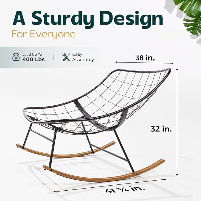 Bme Patio Rocking Chair Outdoor & Indoor, Beige Cushion - Wood Texture Rocker, Metal Patio Lounge Rocking Chair with Thick Cushion, Comfy Modern Rocker Chair for Living Room, Porch, Backyard