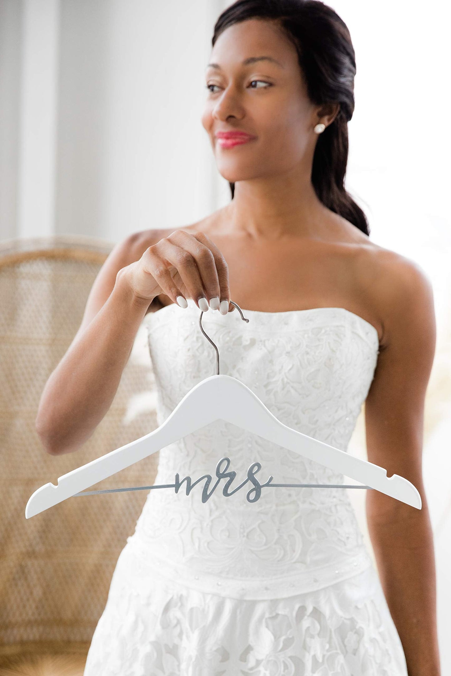 Pearhead Mrs. Wedding Dress Hanger – Elegant Wooden Bridal Keepsake with Cursive Wire Lettering, Perfect Photo Prop and Gift for Bride, White and Silver