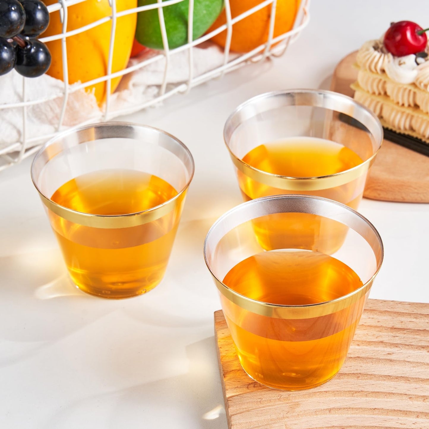RACETOP 100 Pack 9 oz Gold Plastic Cups Tumbler, Disposable Cups with Gold Rim for Party, Heavy-duty Clear Plastic Wine Glasses, Disposable Wedding Cups