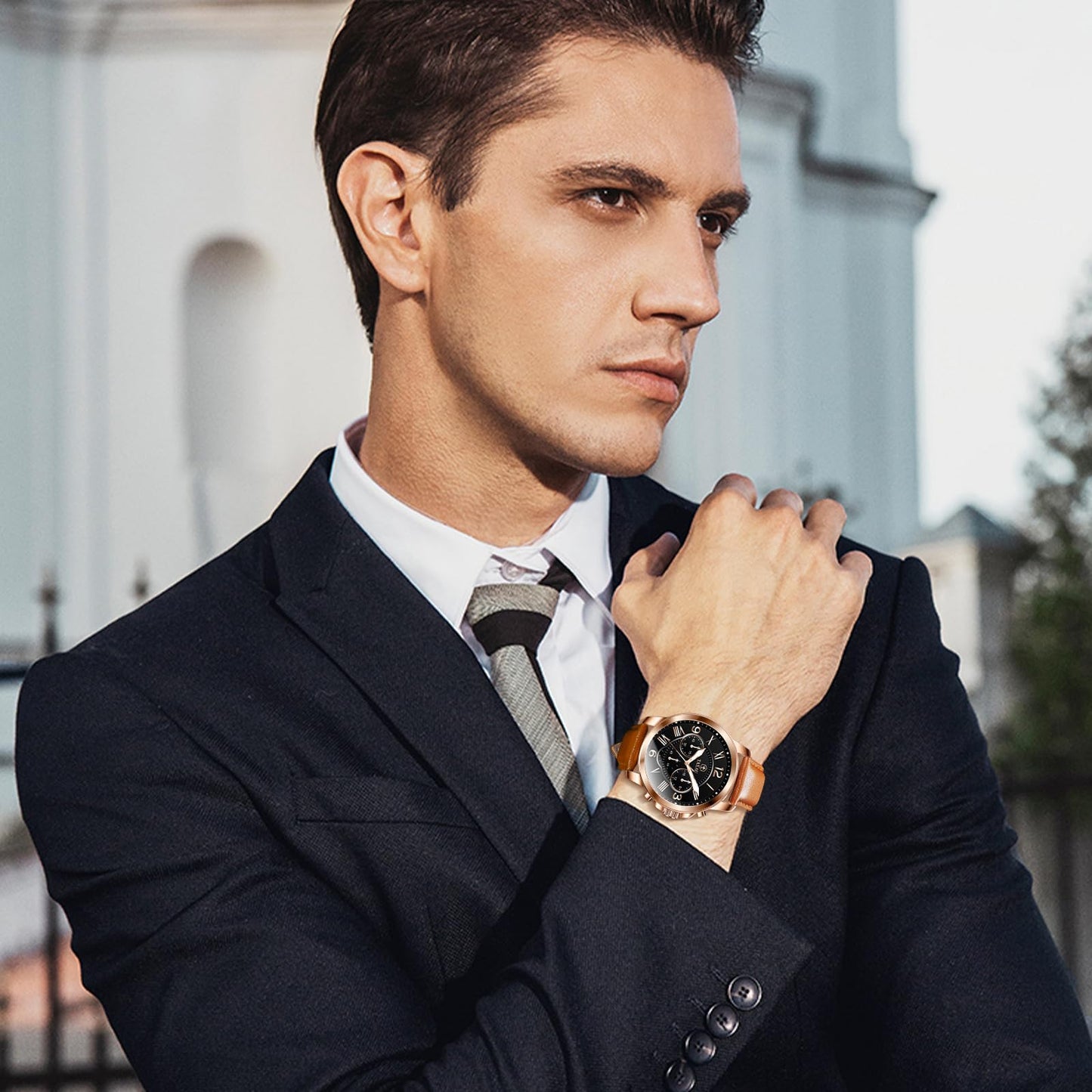 Taxau Mens Watches Waterproof Leather Watches for Men Classic Chronograph Men's Dress Watch Casual Business Analog Quartz Mens Wrist Watch Brown Band with Date Luminous