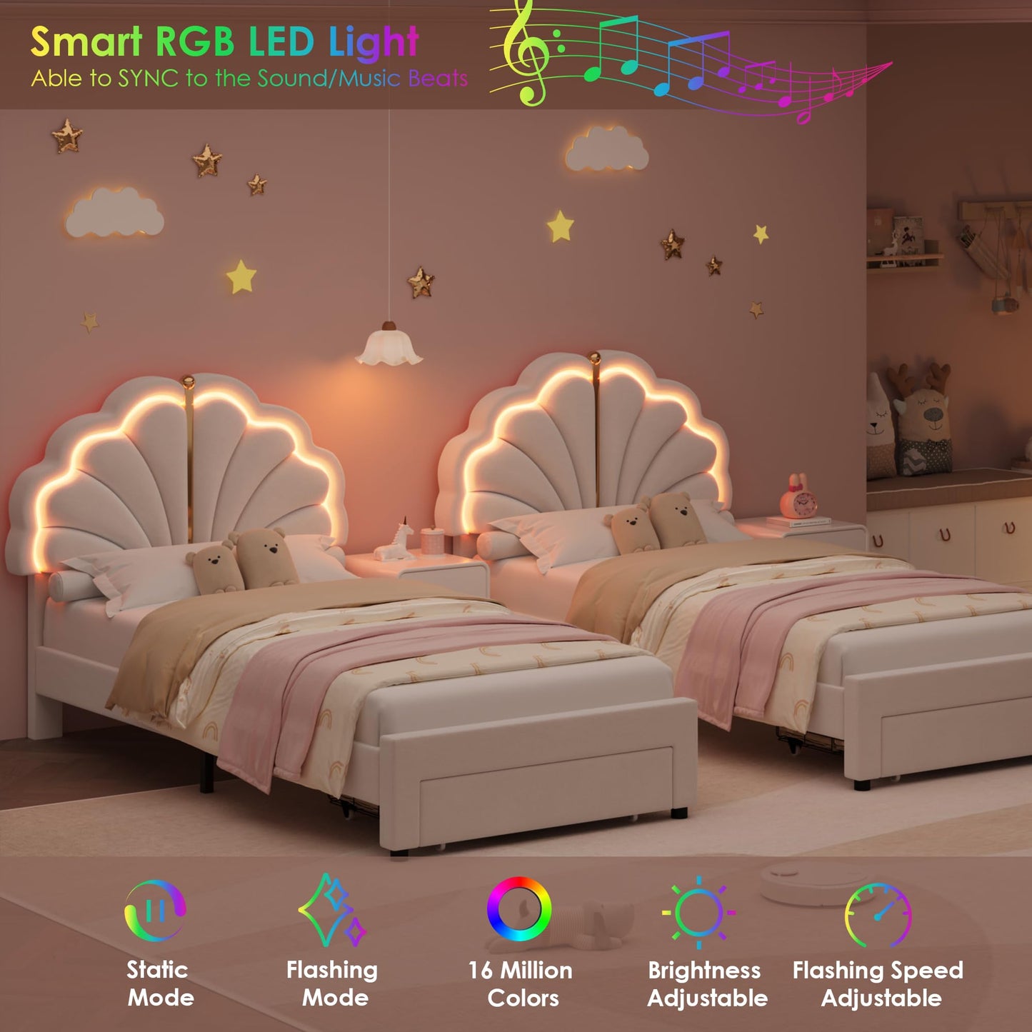 Keyluv Twin Upholstered LED Bed Frame with Storage Drawers, Soft Velvet Princess Platform Bed with Adjustable Cute Shell Headboard, No Box Spring Needed, Noise-Free, Beige