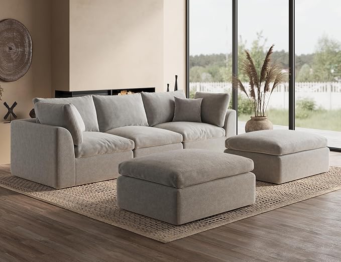 ohllob 110" Cloud Sectional Couches for Living Room, Boneless U Shaped Couch with Ottoman, 3 Seater Modular Sectional Sofa, Light Grey