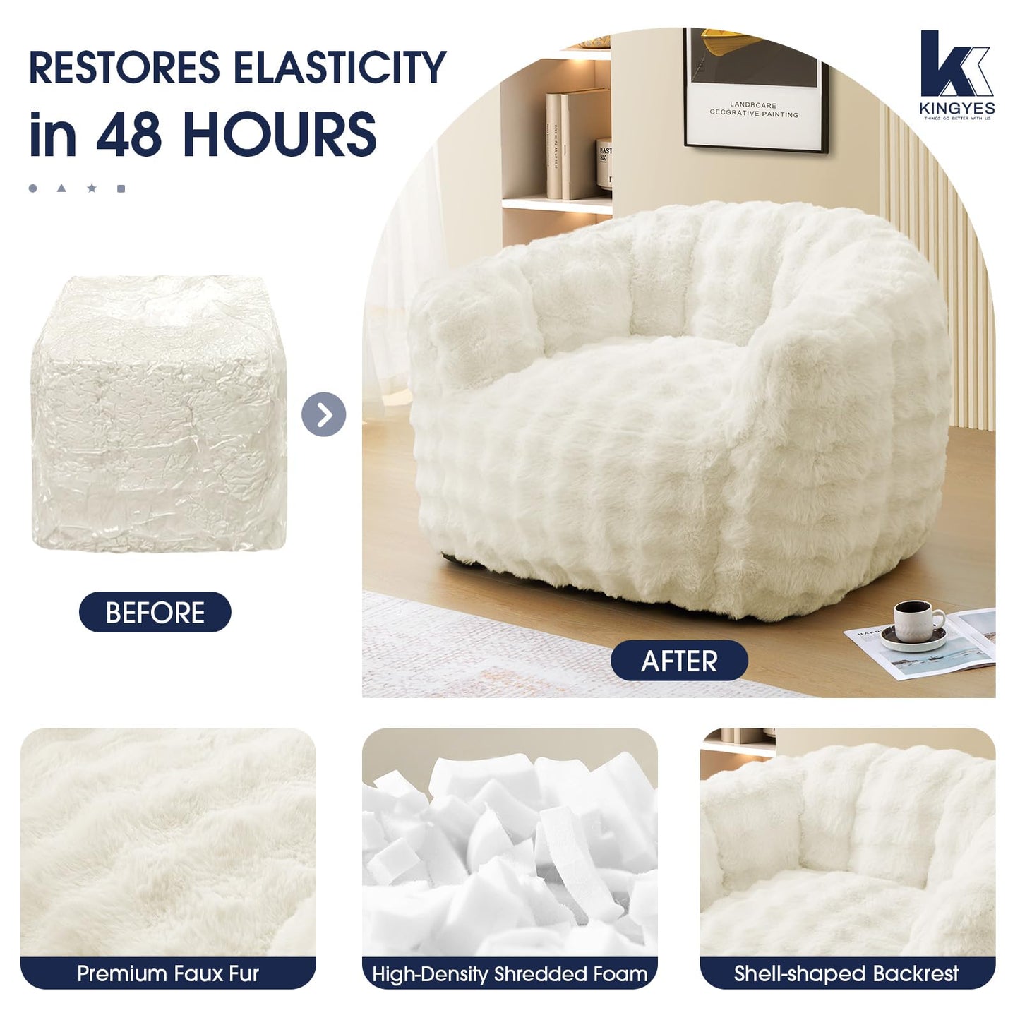 KINGYES Giant Bean Bag Chair, Oversized Bean Bag Couch for Adults, Beige(Pillow not Included)