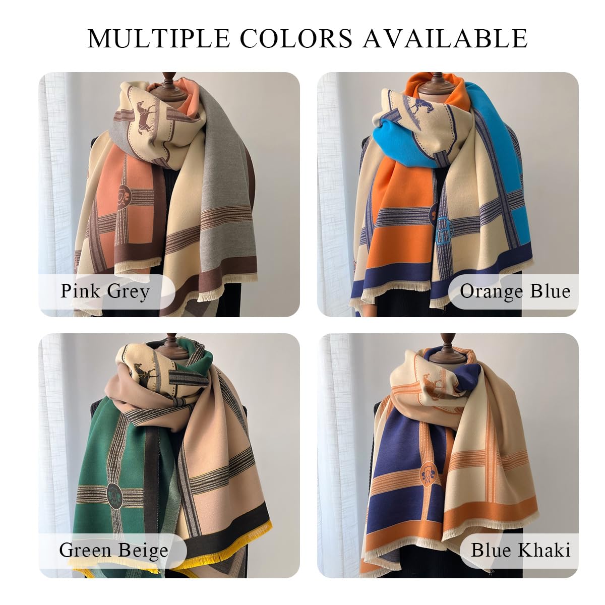 LumiSyne Winter Scarf Cashmere Shawl Women Color Blocked Horse Pattern Reversible Scarf With Tassel Pashmina Shawls And Wraps