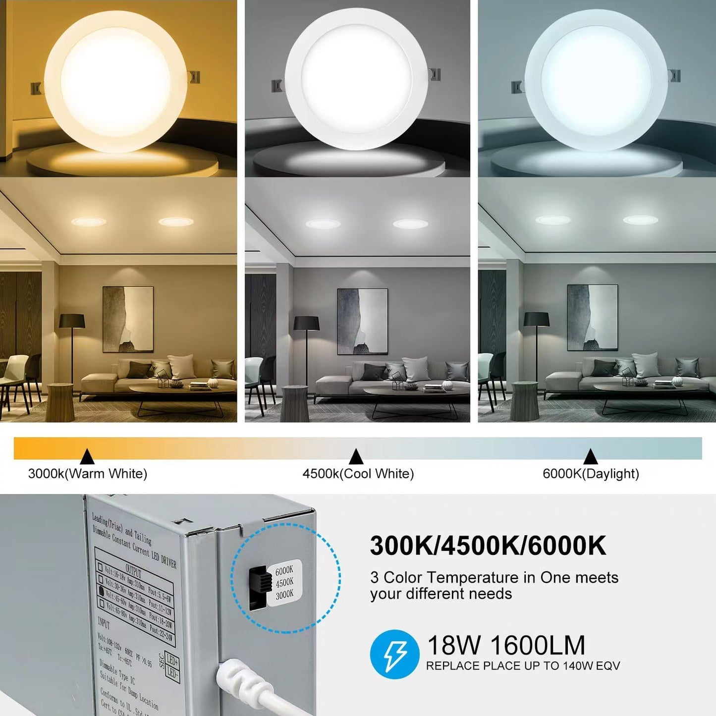 Elaruslux 12 Pack 7 Inch 3CCT Ultra-Thin LED Recessed Light with Junction Box, 3000K/4500K/6000K Selectable, 18W Eqv 125W, Dimmable Canless Downlight, 1600LM High Brightness