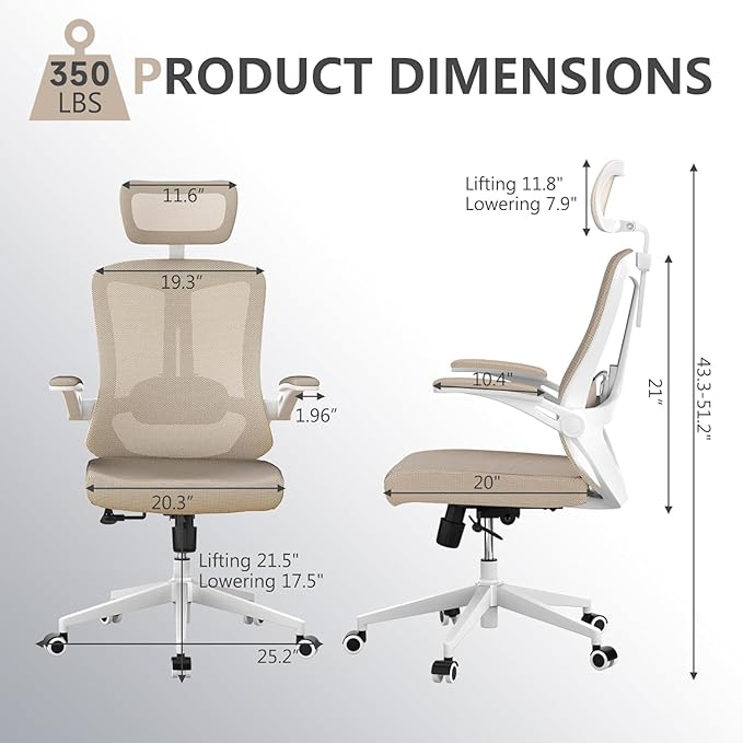balmstar Office Chair,Ergonomic Comfy Home Desk Chair with 350LBS Capacity,High Back Gaming Chair with Wheels,Mesh Computer Chair,Lumbar Support, Adjustable Headrest,Flip-up Armrest