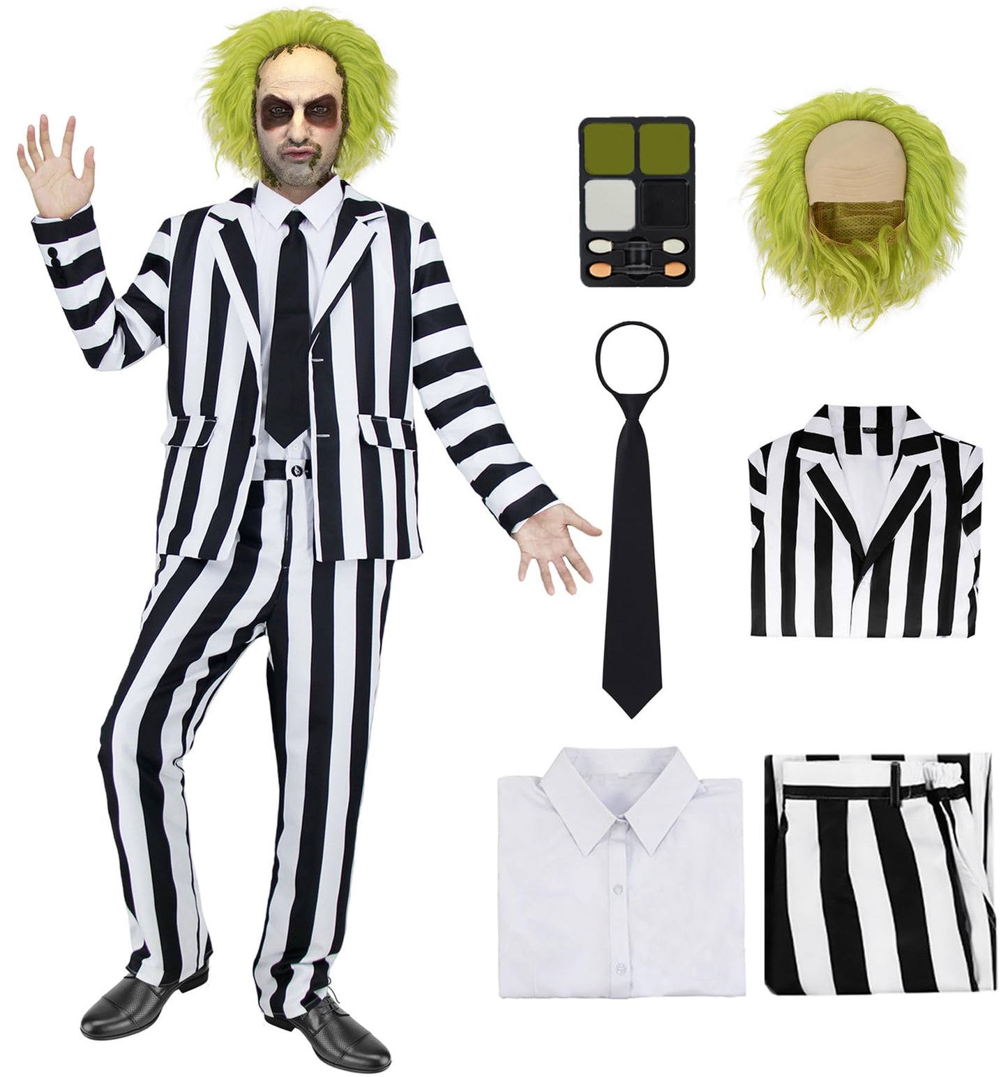DIYLN Adult Black and White Striped Suit Men 80s Horror Comedy Character Cosplay Outfit Scary Halloween Costumes with Shirt Tie Wig Makeup Kit DY040XXL