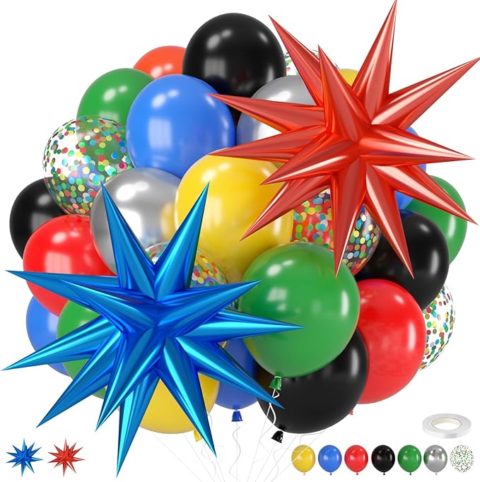Black and Red Yellow Blue Balloons, 12 Inch Black Red Yellow Blue Green Metallic Silver Confetti Balloons with Star Foil B...