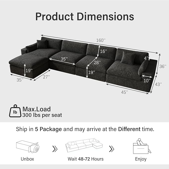 160'' Oversized Boneless Sectional Couches for Living Room, Deepseat Boneless Cloud Modular Sectional Sofa with Ottoman, No Assembly Required L-Shape Cloud Sofa, Plush Fabric, Black