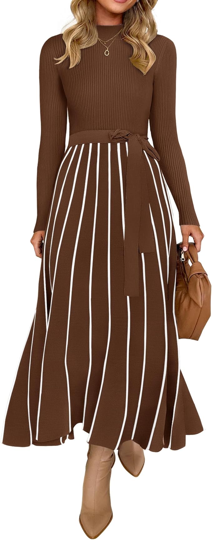 ZESICA Womens 2026 Spring Turtleneck Long Sleeve Sweater Dress Tie Waist Casual Loose Ribbed Knit A Line Midi Dresses