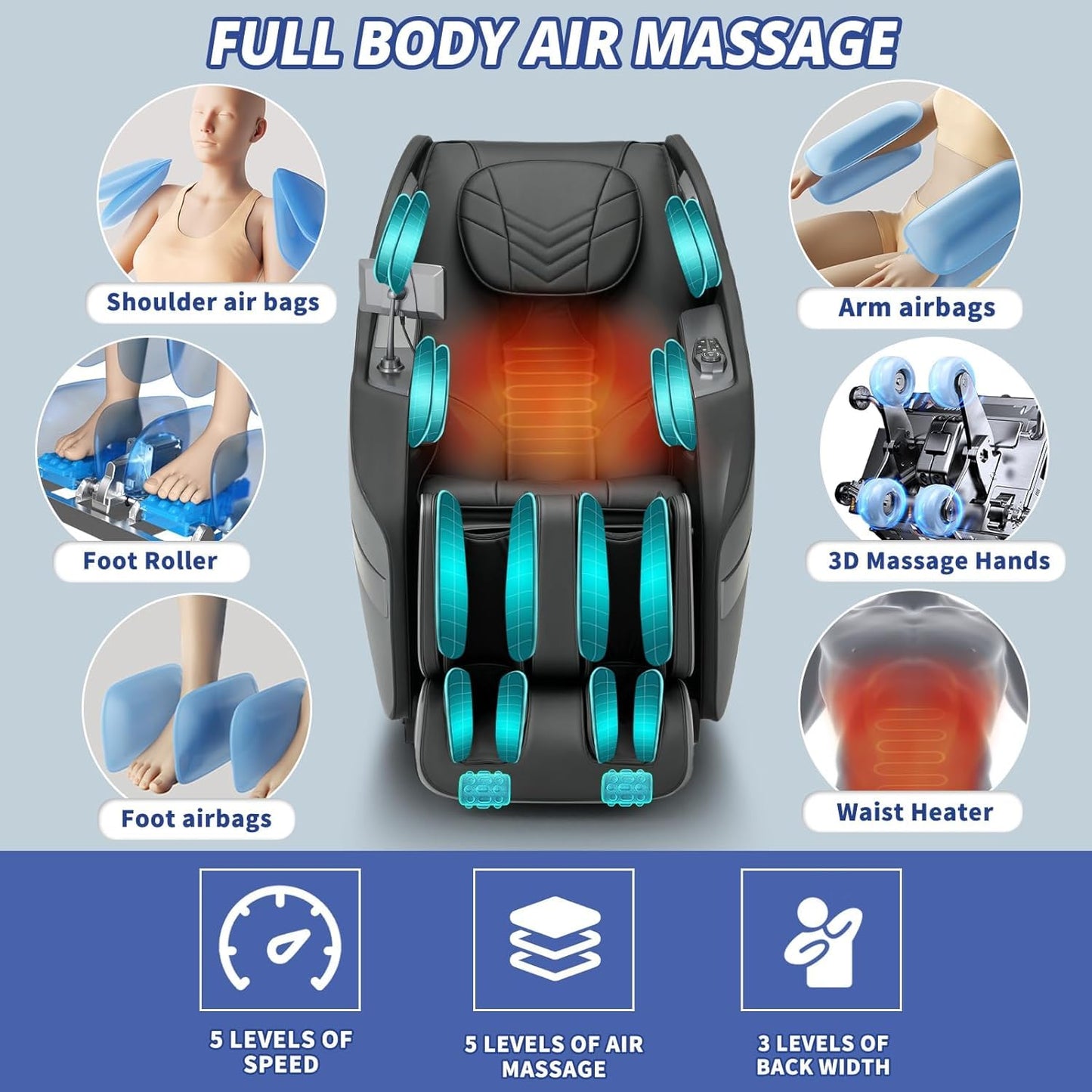 HealthRelife 3D Massage Chair Full Body Recliner - Zero Gravity with Heat, 12 Auto-Massage Modes, Shiatsu Foot Massage, with 55“ SL-Track，28 Airbags Massage, Foot Rollers,Free Dust Cover (Black)