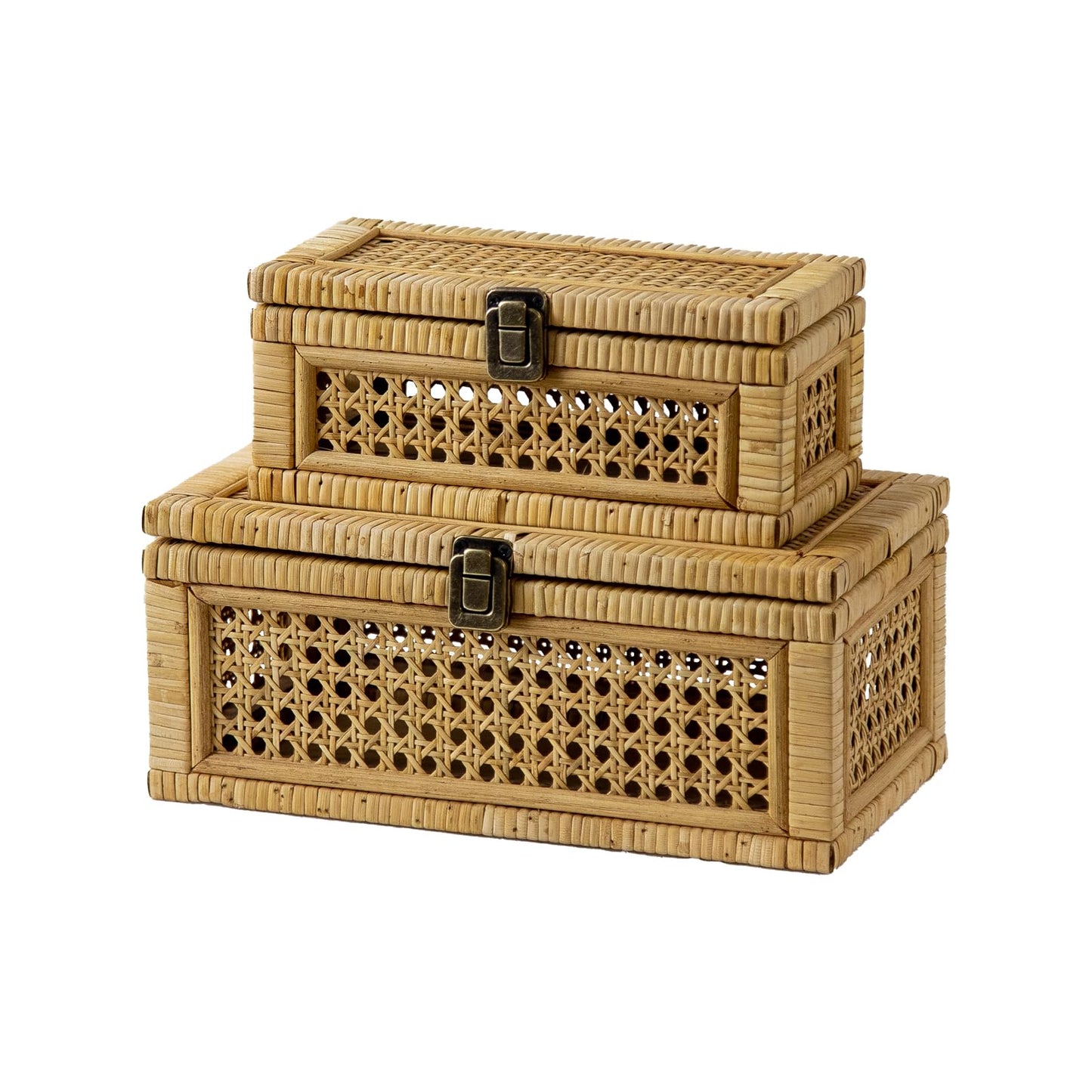 HuiDao Rattan Decorative Box, Boho Display Boxes with Lids, Set of 2 Rectangular Wicker Storage Basket, Natural Woven Cane Bins for Home Decor (Rectangular)