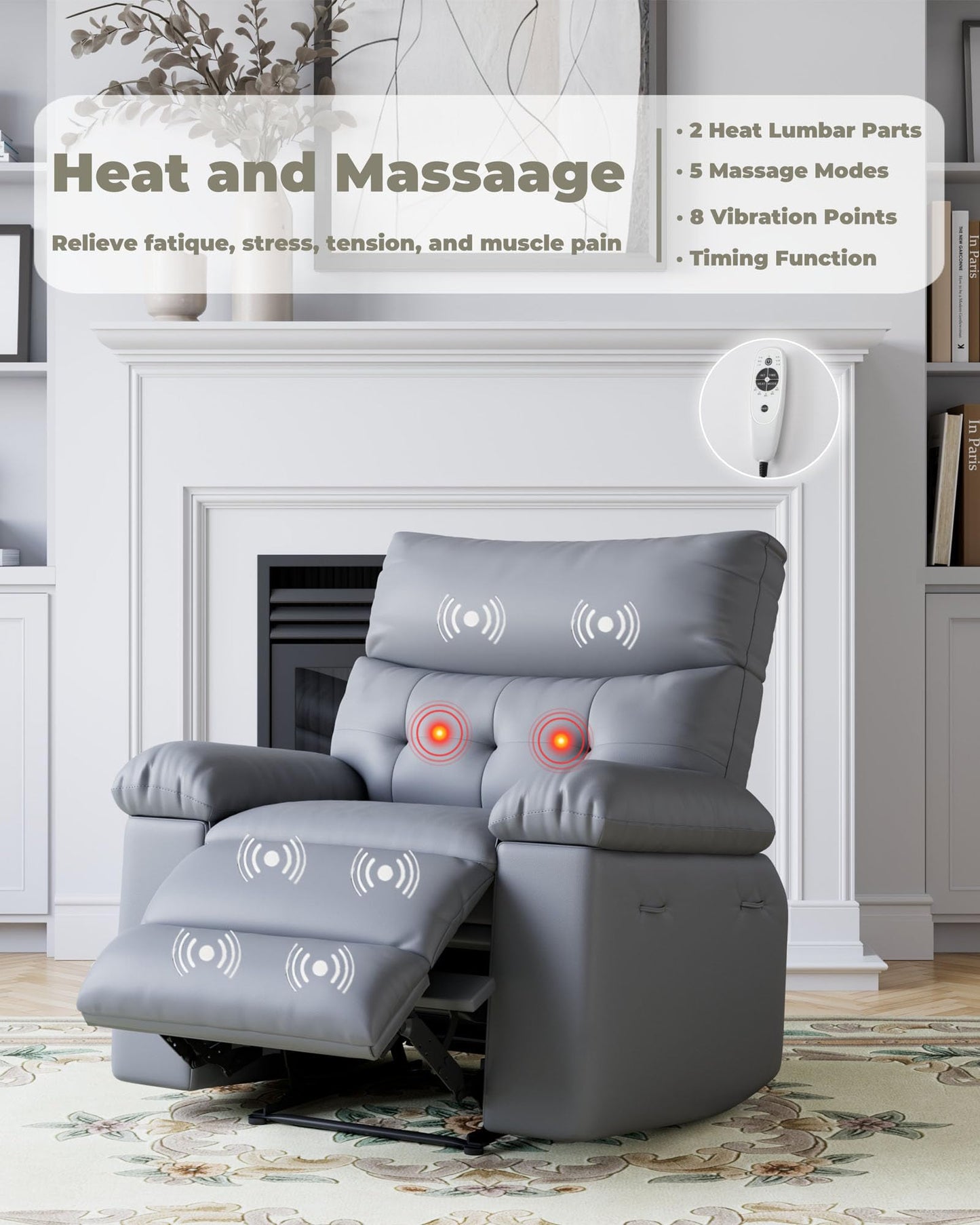 Garvee Manual Recliner PU Leather Living Room Chair Adjustable Reclining Chair Oversized Home Theater with Massage & Heat - Gray