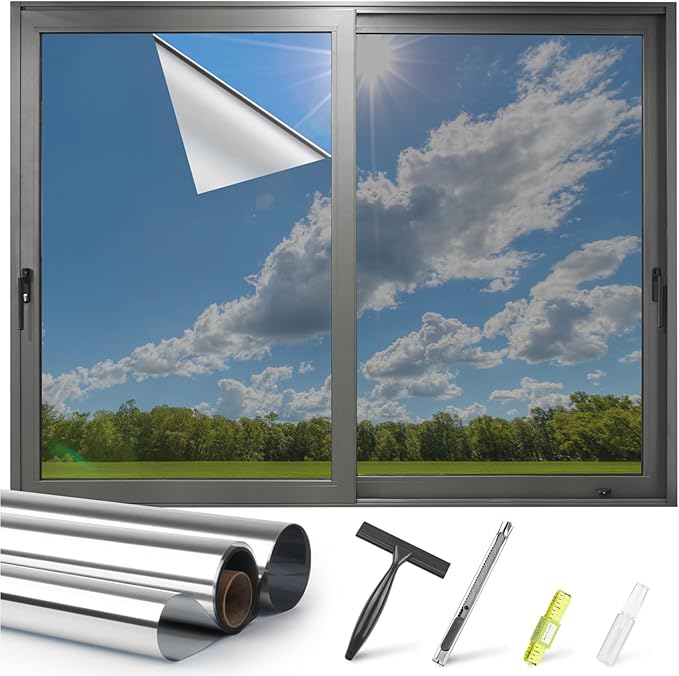 Kromapolis One Way Window Privacy Film Reflective Mirror Home Window Tint, Daytime Privacy Heat Control Anti UV Glass Tinting Static Cling (Silver, 17.5 x 78.7 inch)