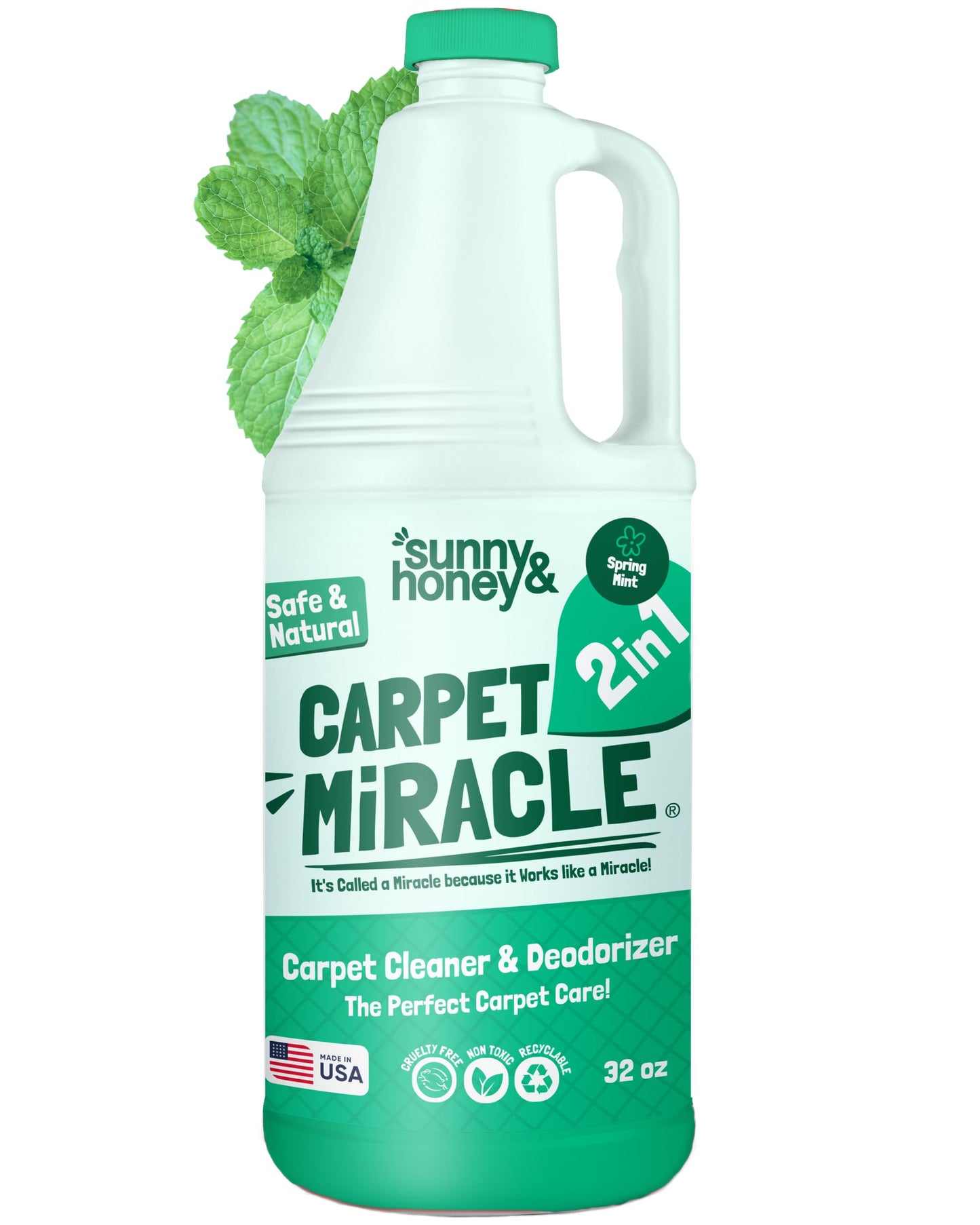 Sunny & Honey Carpet Shampoo & Cleaning Solution - USA Made Carpet Cleaner Machine Solution - Rug & Upholstery Cleaner - Stain Remover & Odor Deodorizer (32 fl oz Spring Mint Scent)