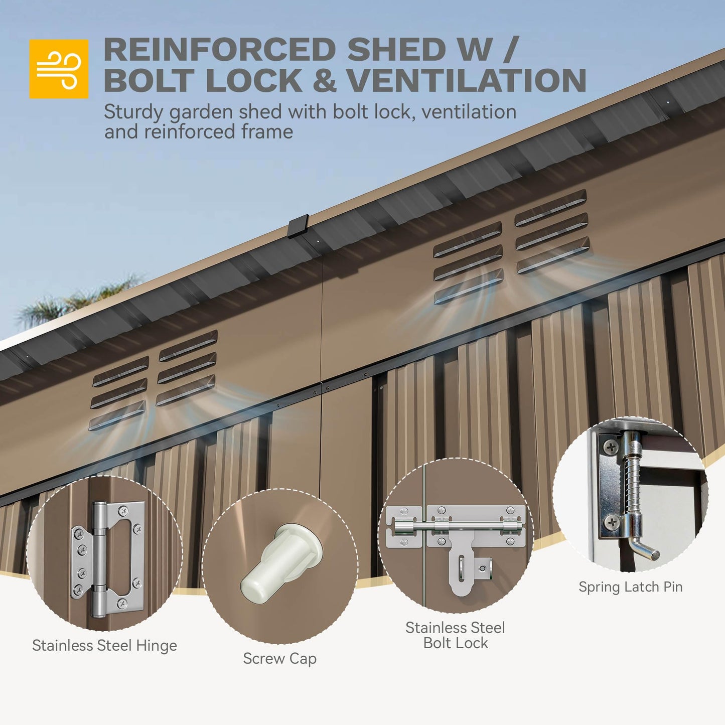 DWVO 9x4ft Large Outdoor Storage Shed, Metal Tool Sheds, Heavy Duty Tool Storage with Lockable Doors & Air Vent for Backyard Patio Lawn to Store Bikes, Tools, Lawnmowers,Brown