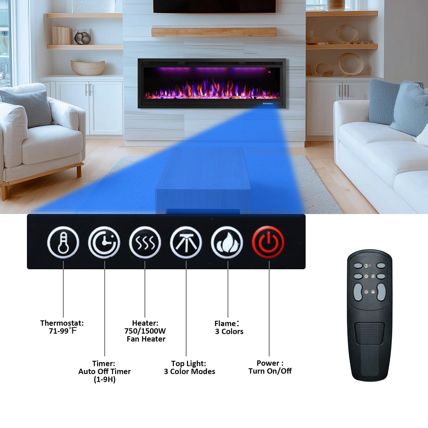 Rodalflame 60" WiFi-Enabled Electric Fireplace Insert, APP Smart Control, Wall Mounted&Recessed Linear Fireplace Heater with Thermostat, Flame&Top Lights, Log&Crystal, Timer