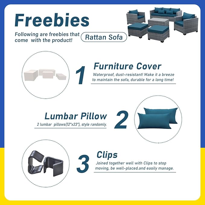 Lviden 6 Pieces Wicker Patio Furniture Sets Outdoor Conversation Set HDPE Rattan Sectional Sofa Couch with Storage Table and Peacock Blue Cushions