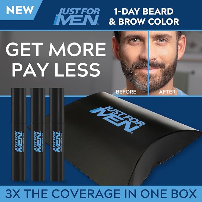Just for Men 1-Day Beard & Brow Color, Temporary Color for Beard and Eyebrows, For a Fuller, Well-Defined Look, Up to 30 Applications, Black, Ships in Eco-Friendly Packaging (Pack of 3)