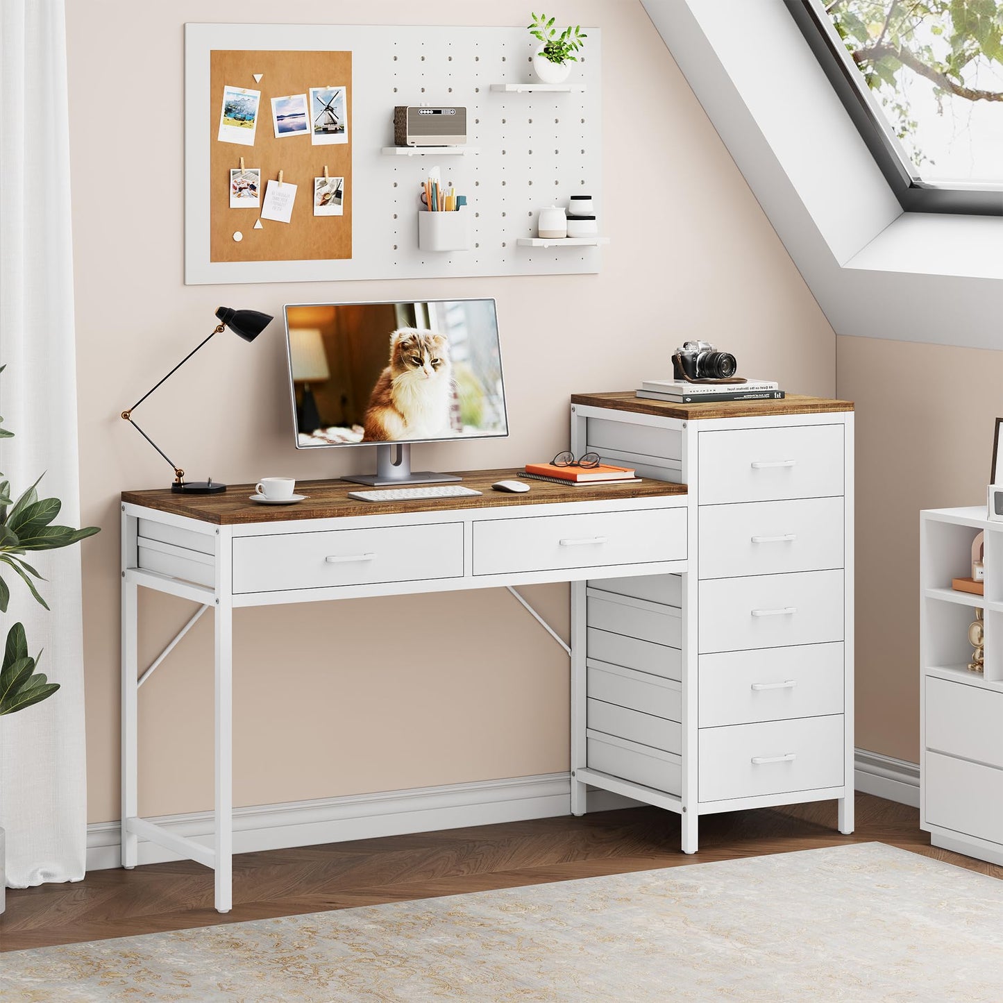 Condemo Vanity Desk with 7 Drawers, 55 inch Makeup Vanity Table with Reversible Drawer for Women, Girls, White and Brown (Without Mirror)