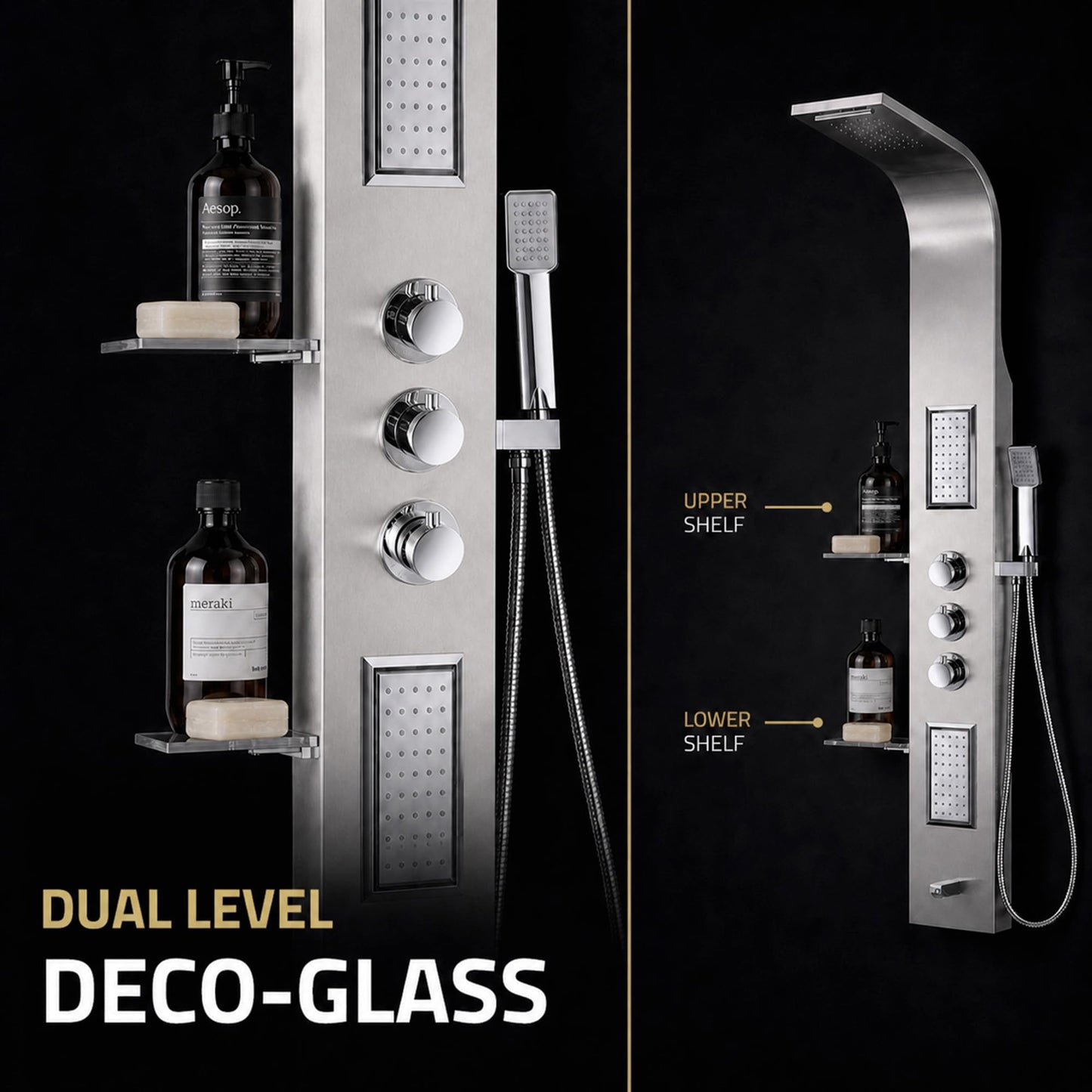 ANZZI Shower Panel Tower, Field 58 inch Long Turbo High Pressure Shower Head and Detachable Handheld Spray Rainfall Shower Panel in Brushed Steel, Rain Shower 1.8 gpm 2 Body Jets Combo (SP-AZ042)