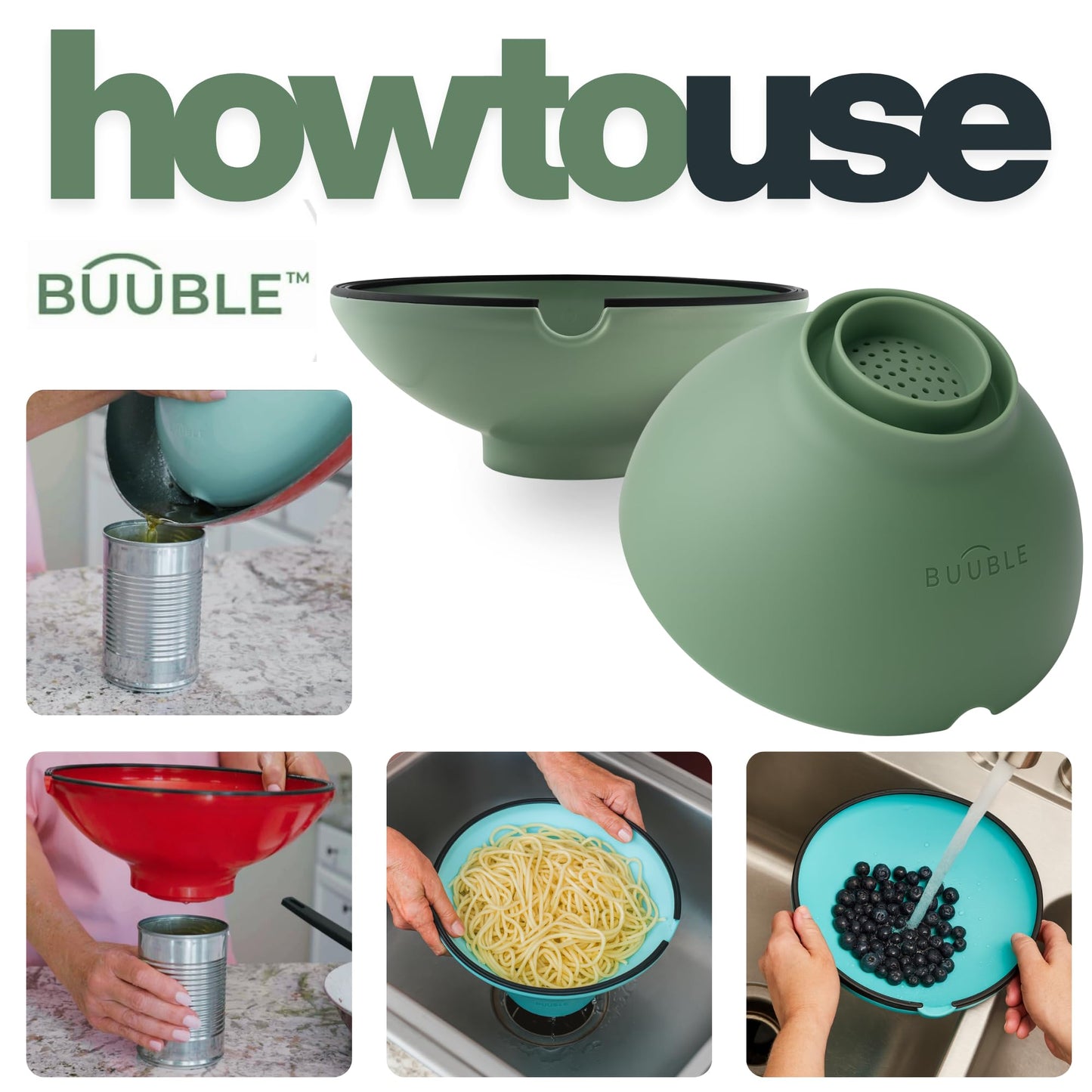 BUUBLE Ultimate Grease Drainer & Food Strainer (SAGE) Premium Heat-Resistant Colander for Bacon, Ground Beef, Pasta & Veggies; Fits Pans, Cans & Jars; Dishwasher Safe