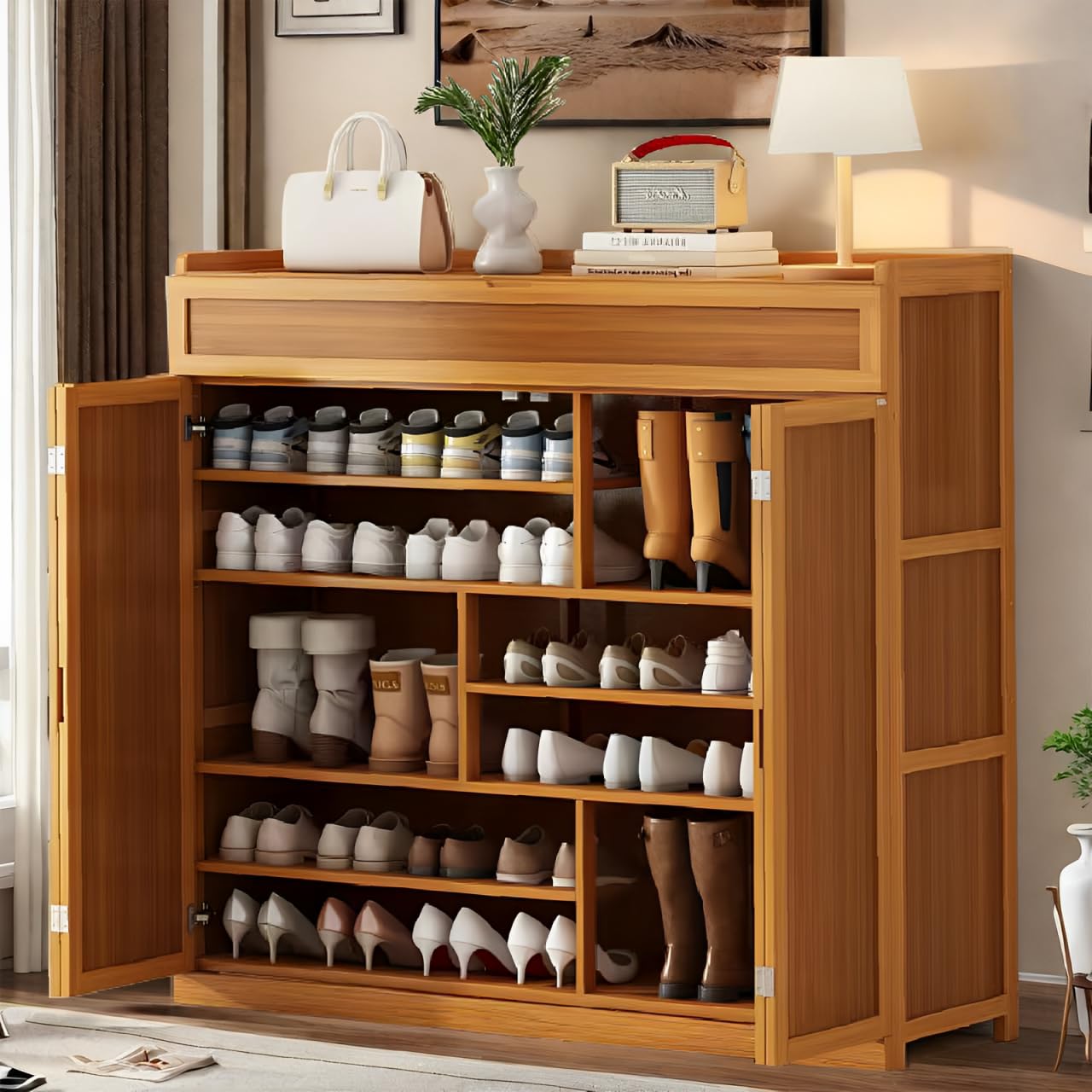 lyvcev 8 Tier Bamboo Shoe Storage Cabinet with Doors, 39-41 Pairs Shoe Rack for Closet, Freestanding Shoe Storage Cabinet for Hallway Living Room (Brown).