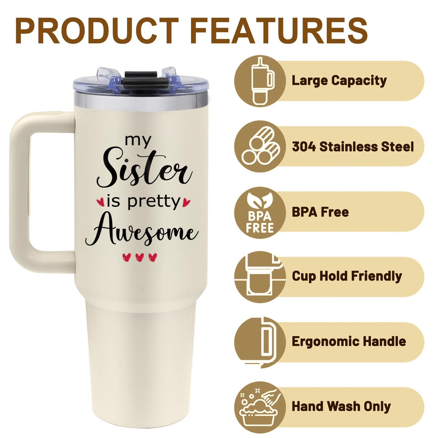 Vprontse Sister Birthday Gifts - Sister Tumbler with Handle - 40oz Stainless Steel Travel Mug Insulated Coffee Cup, Birthday Gifts for Sisters Adult, Sisters Gifts for Women, Christmas