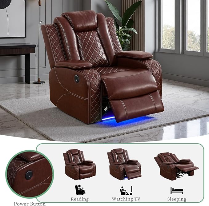 Dekmxas Power Reclining Sofa Set, Leather Recliner, Brown Sectional Power Recliner Living Room Furniture Sets with LED Light, Leather Chair for Living Room Sofa Set for Bedroom/Home/Office
