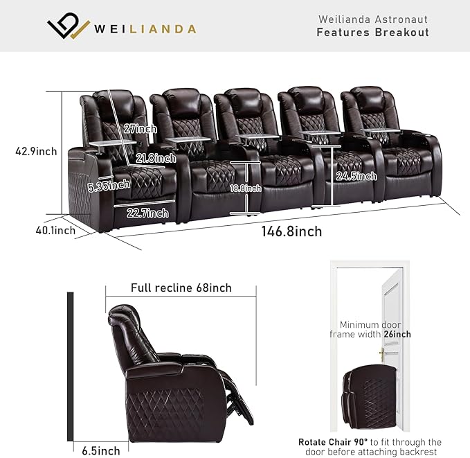 Weilianda Home Theater Seating Top Grain Leather Zero Gravity Recliner Chair Power Headrest Recline Movie Seat Gaming 7 Colors Mood Light Sofa with Tray Table USB Charge Row of 5 Brown