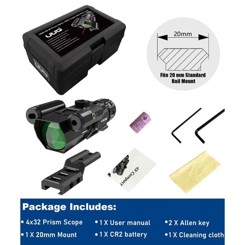 UUQ 4X32 Prism Optics Rifle Scope with Red Laser,Red Illuminated Reticle,Upgraded Buttons,and Glass Etched Reticle 4X Magnification-Fits 20mm Free Mounts (Red Laser Above)