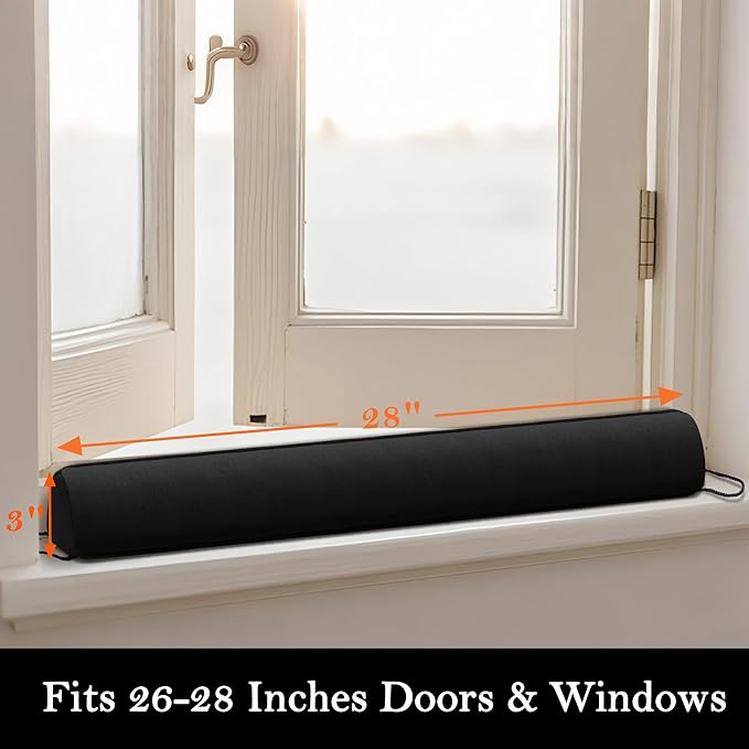 Sunolga Door Draft Stopper Blocks Hot and Cold Air with Removable Washable Cover for Bottom of Door and Window, All-Season Seal for Wind, Noise, Seal for Gaps Up to 3", Home Essentials, 28", Black