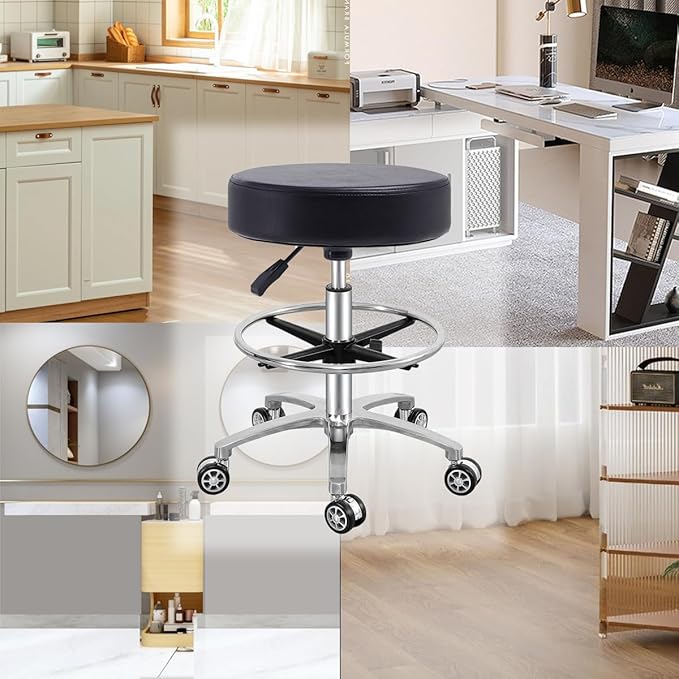 Antlu Rolling Stool Swivel Chair for Office Medical Salon Tattoo Kitchen Massage Work,Adjustable Height Hydraulic Stool with Wheels (Black, with Foot Rest)