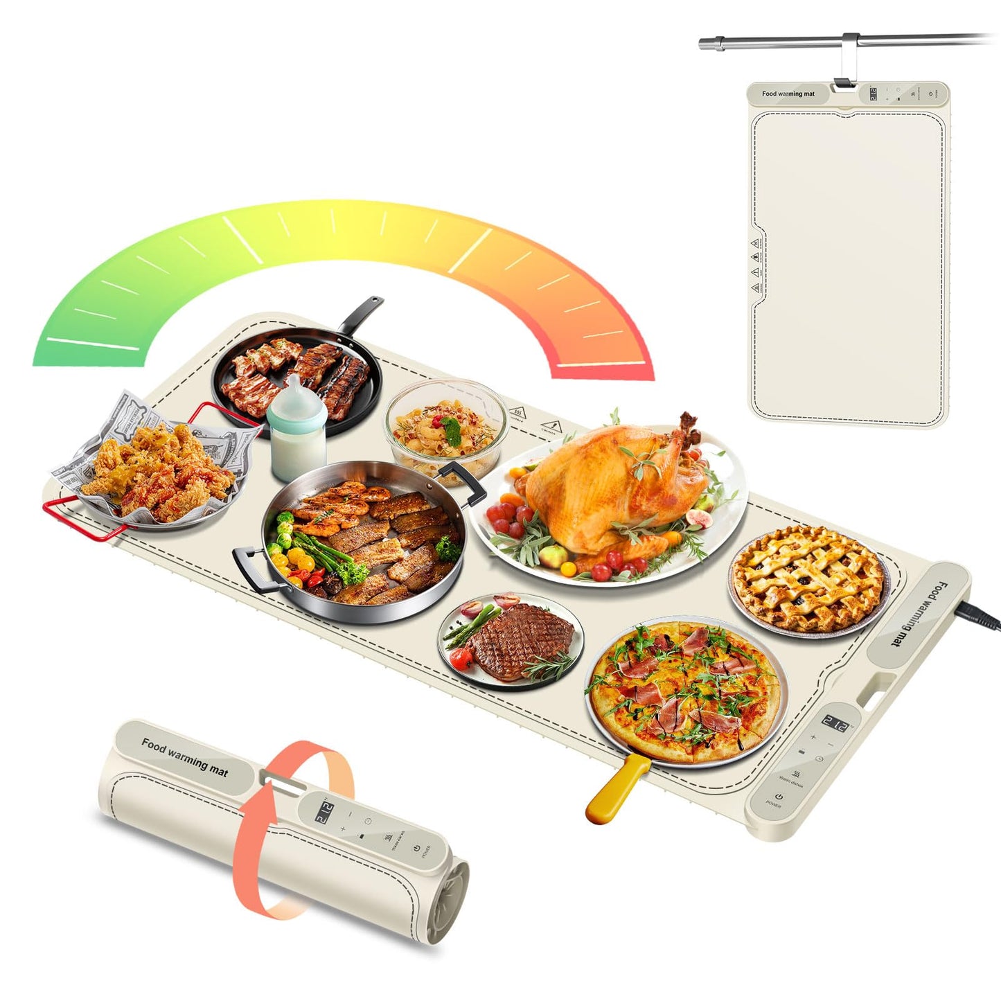 ATAUSD Warming Mat for Food Extra Large, Electric Warming Tray, 15"x31.5" Silicone Heating Mat with 7 Level Adjustable Temp and 8 Hours Timer, Food Warmer for Parties Buffet Home Travel, Beige