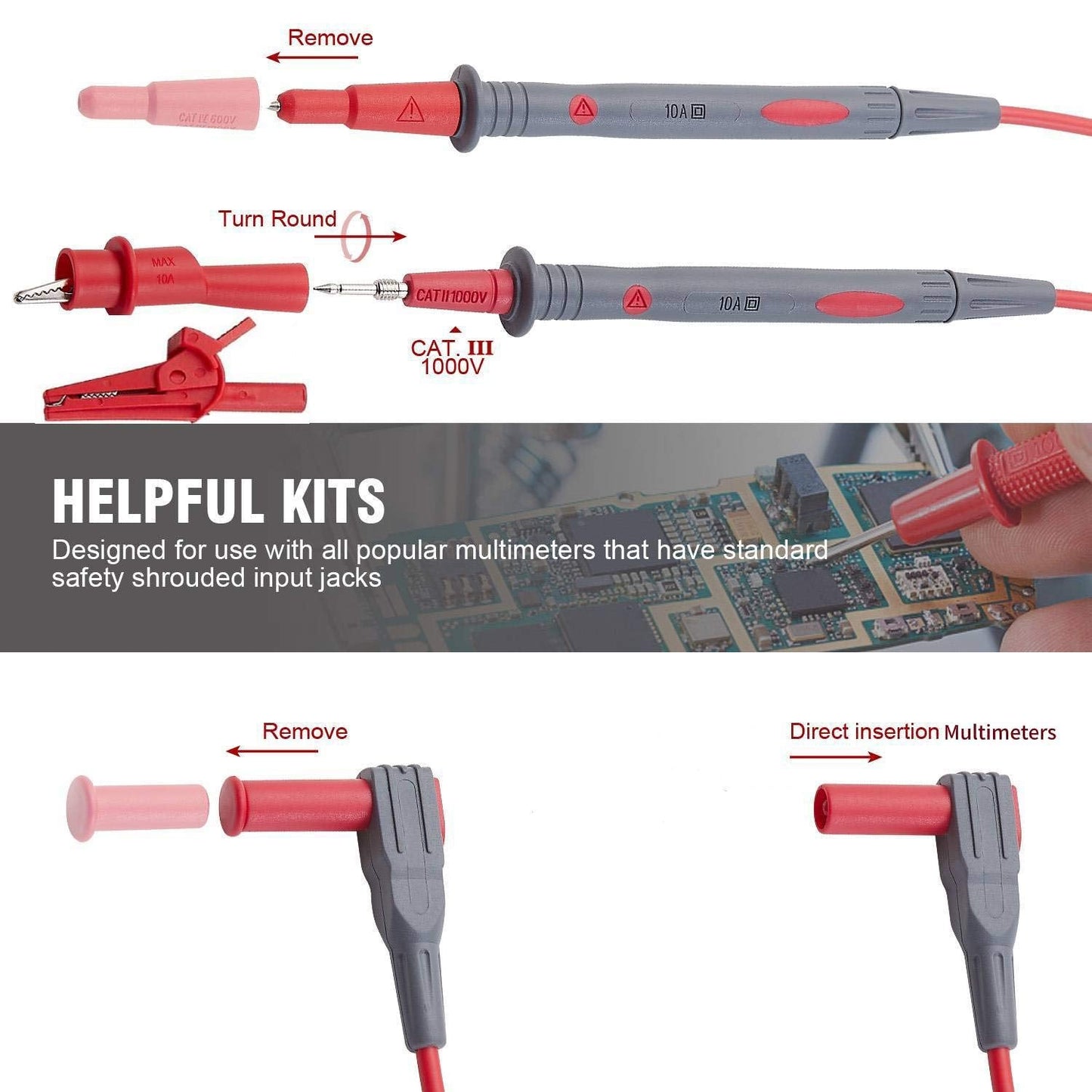 WGGE WG-011 Soft Silicone Test Lead and Safety Alligator Clips,Multimeter Test Leads Kit CAT III 1000V & CAT IV 600V with Threaded Alligator Clip, for Fluke/AstroAI/KAIWEETS/INNOVA Multimeter