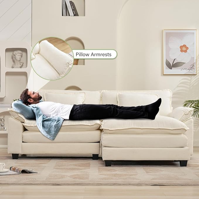 Oprisen 86" Modular Sectional Sofa, Comfy Cloud Couch Sectional Sofa with Ottoman, Chenille Sofa Sleeper Deep Seat Sofa with Throw Pillows for Living Room (Beige White, 86"- L Shape)