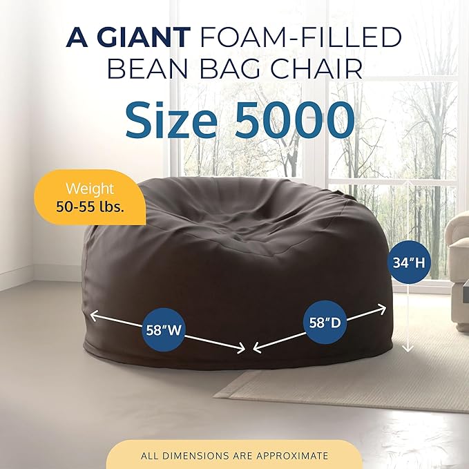 ULTIMATE SACK 5000 5-Foot Bean Bag Chair, Grey Suede Cover – Oversized Foam Lounger, Floor Seat, Small Sofa, or Couch Bed for Living Area, Gaming Room, or Reading Lounge