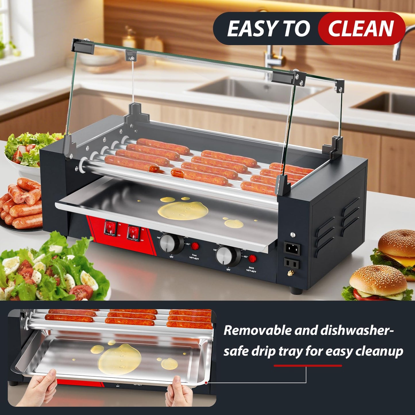 Baotree Commercial Hot Dog Rollers, 5 Rollers 12 Hot Dogs Capacity, 750W Stainless Steel Hot Dog Griller with Dual Controls, Glass Cover, Removable Tray for Commercial and Party