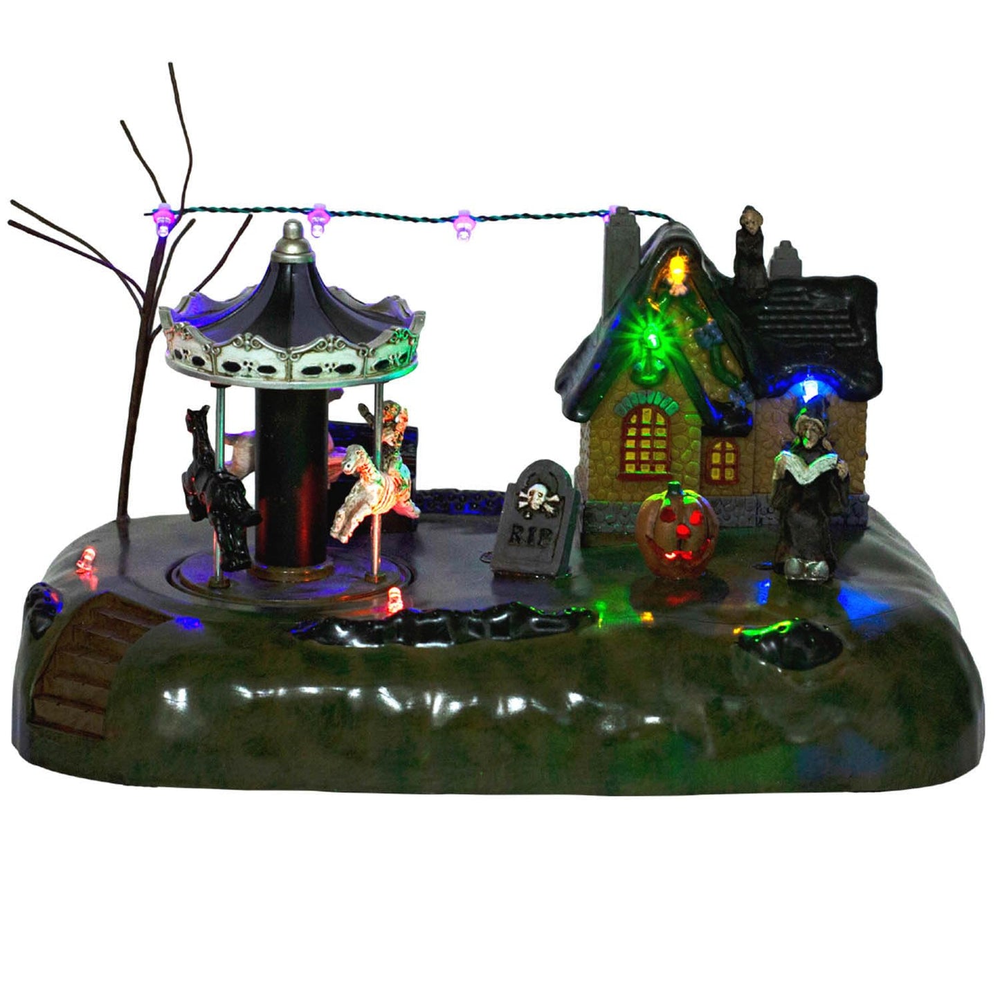Animated Halloween Carousel Village House, LED Spooky Festival Display Collection Battery Operate, Indoor Use only